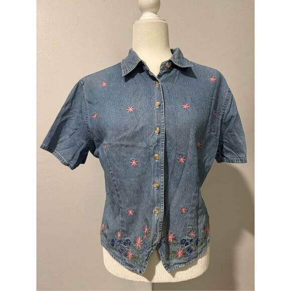 Bill Blass vintage Floral Embroidered  denim button up wearer shirt M - Picture 1 of 8